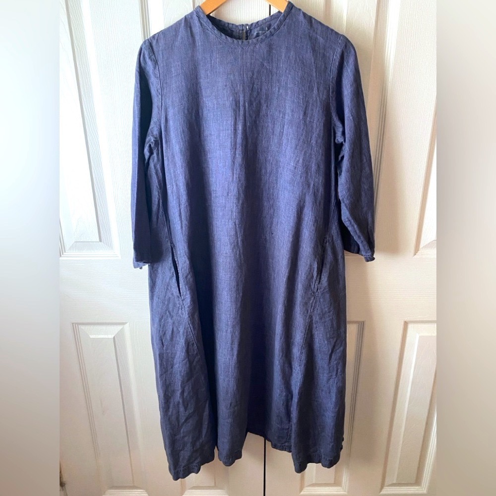 MUJI Dark Blue 100% Linen Oversized Long Sleeve Modest Lagenlook Shift Dress S